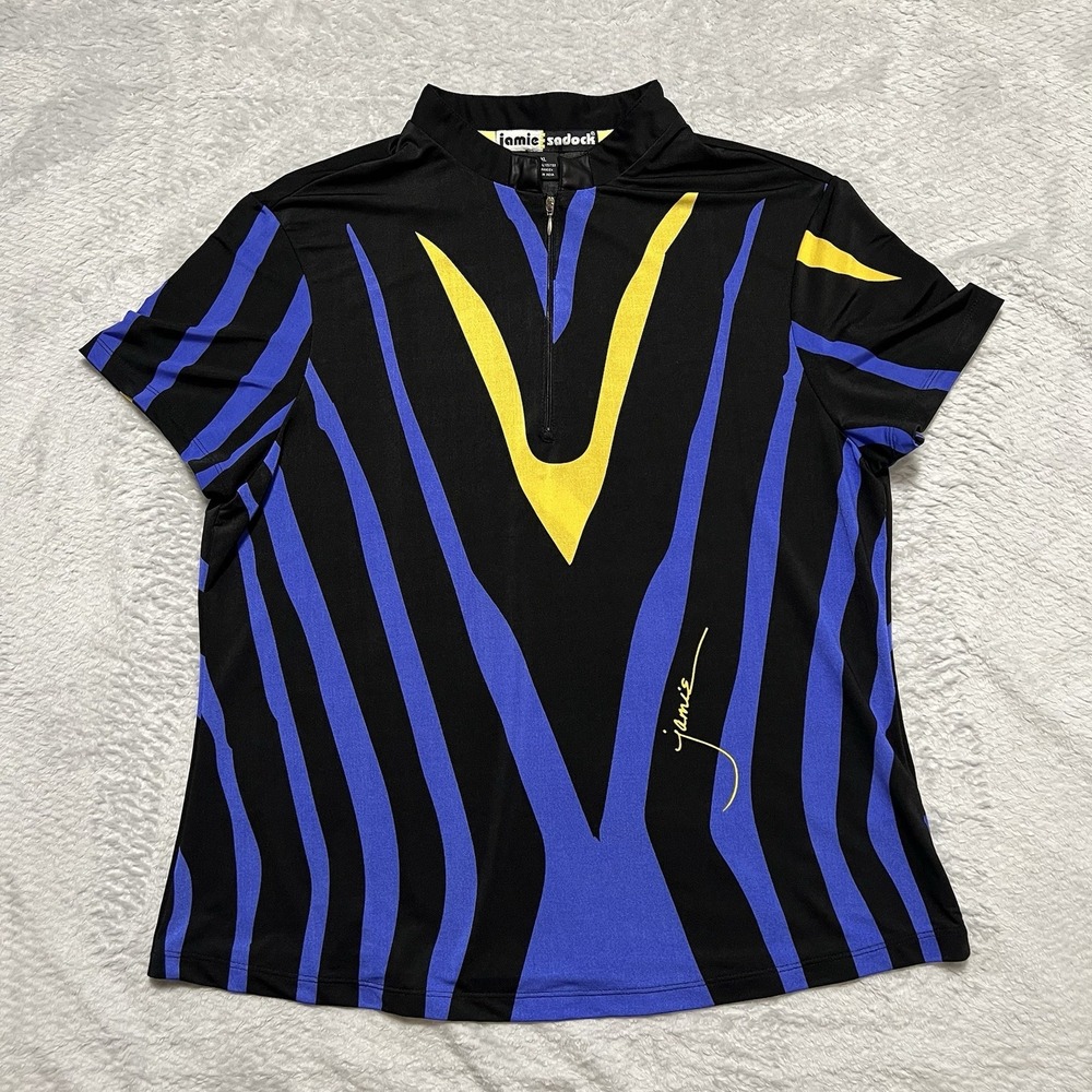 Jamie Sadock Womens XL Golf Polo Black Purple Yellow Abstract 1/4 Zip Stretch